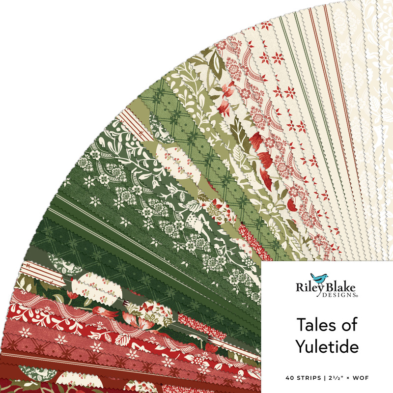 A collage of fabrics featured in the Tales of Yuletide Rolie Polie by Laura Ashley for Riley Blake Designs