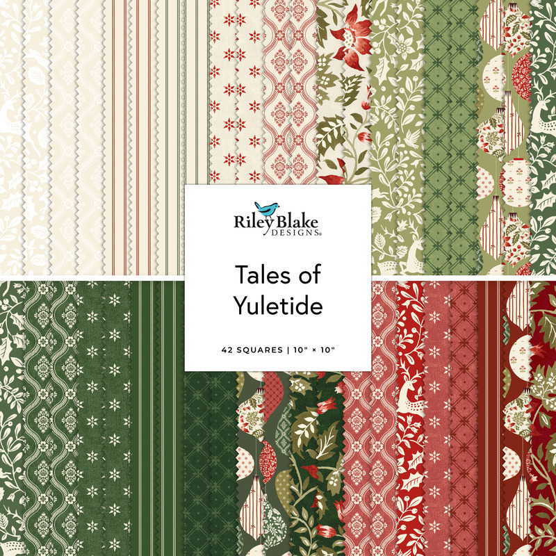 A collage of fabrics featured in the Tales of Yuletide 10" Stacker by Laura Ashley for Riley Blake Designs