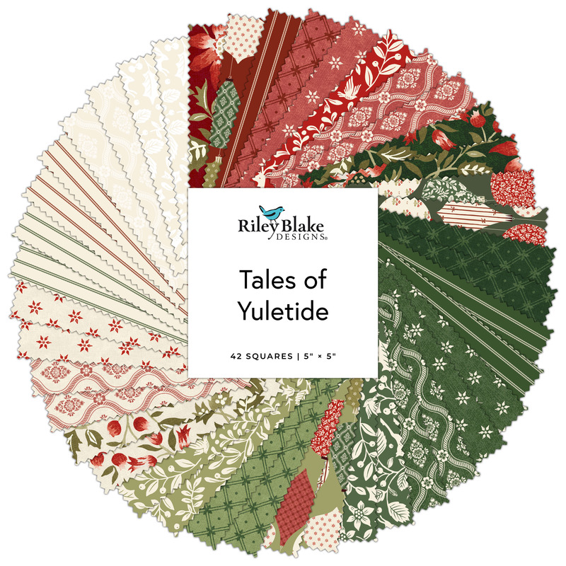 A collage of fabrics featured in the Tales of Yuletide 5 inch stacker by Laura Ashley for Riley Blake Designs