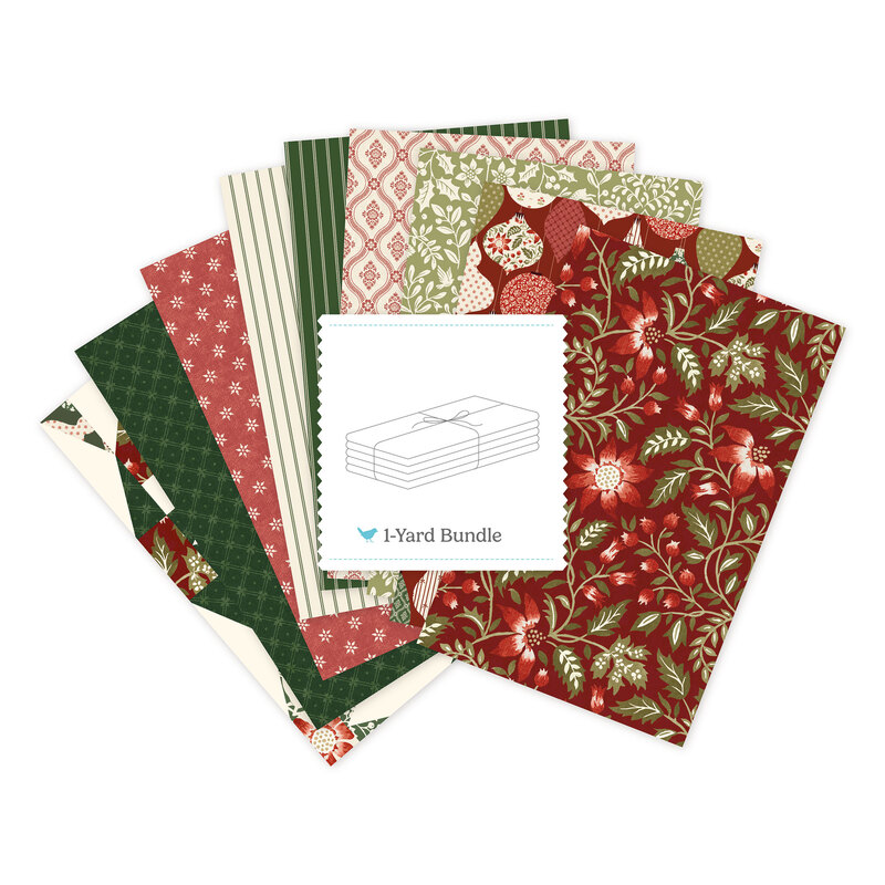 A collage of fabrics featured in the Tales of Yuletide One Yard Bundle Red by Laura Ashley for Riley Blake Designs