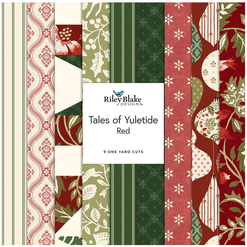 A collage of fabrics featured in the Tales of Yuletide One Yard Bundle Red by Laura Ashley for Riley Blake Designs