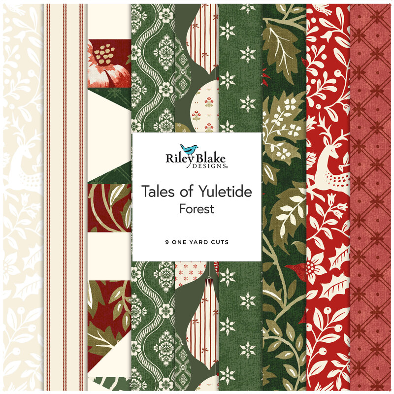 A collage of fabrics featured in the Tales of Yuletide One Yard Bundle Forest by Laura Ashley for Riley Blake Designs