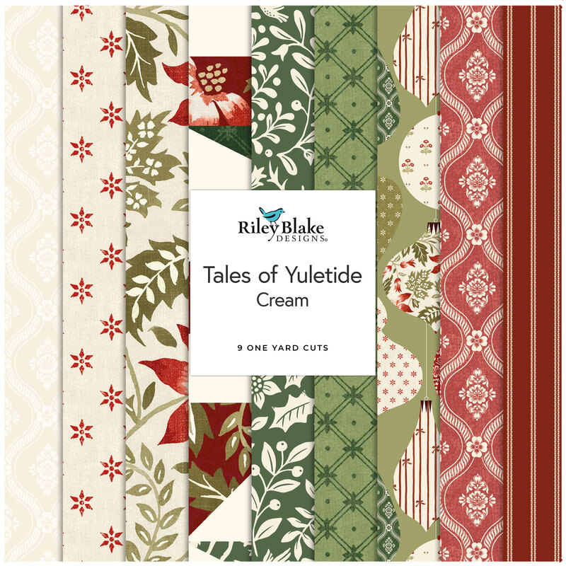 A collage of fabrics featured in the Tales of Yuletide One Yard Bundle Cream by Laura Ashley for Riley Blake Designs