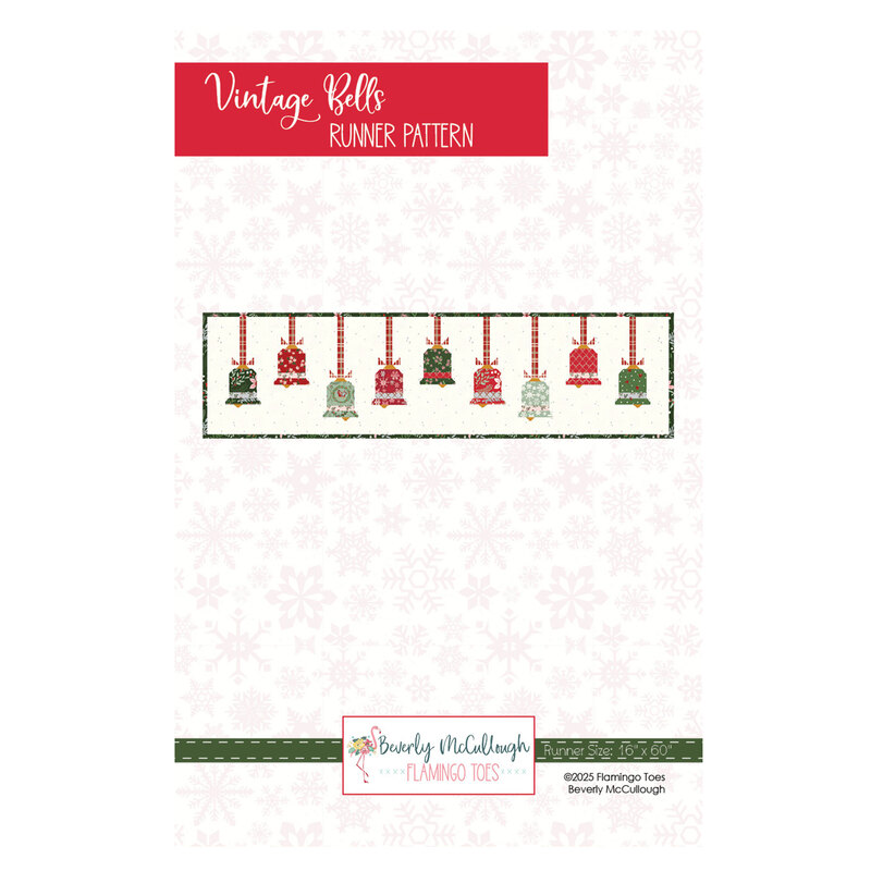 Vintage Bells Runner Pattern cover showing a Christmas table runner with rows of pieced holiday bells hanging from ribbon-like strips.