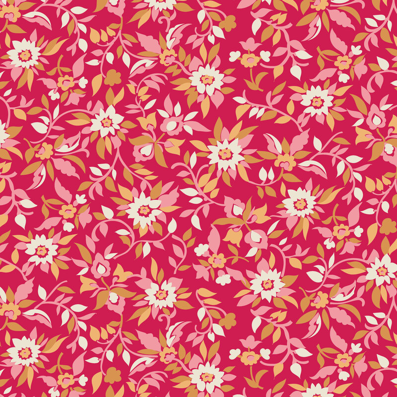 Hot pink fabric with a winding design of multicolored poinsettias and vines.