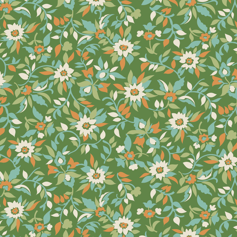Green fabric with a winding design of multicolored poinsettias and vines.