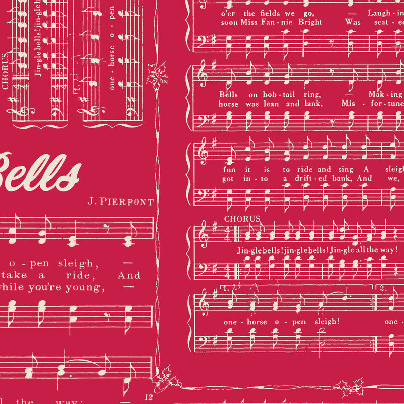Jazzberry red fabric with a scattered design of the Jingle Bells song in a white color and bordered by holly vines.