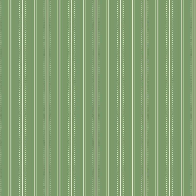 Thyme green fabric with a simple pattern of cream stripes and pindots.