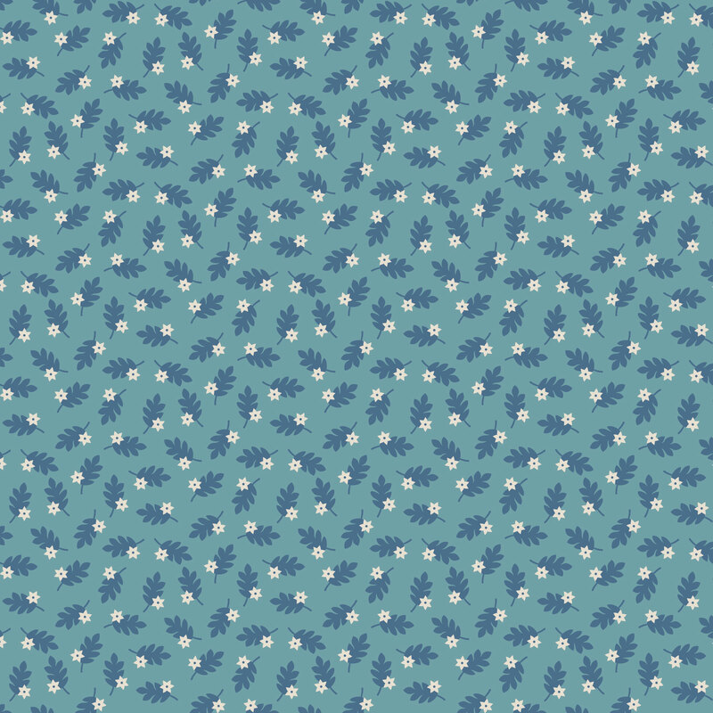 Teal fabric with a tossed pattern of lagoon blue leaves accented with white stars.