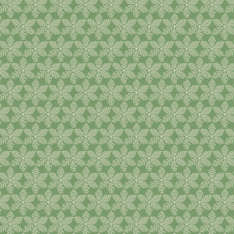 Soft thyme green fabric with a packed grid of white snowflakes.