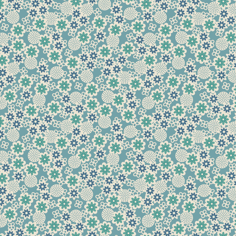 Teal fabric with a design of white circles and an assortment of floral motifs.