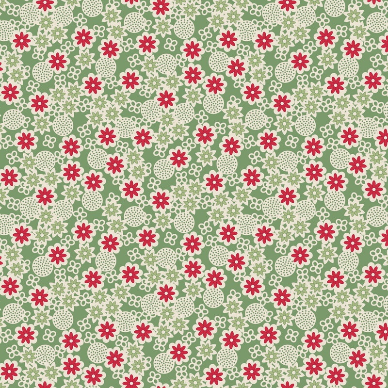 Wild thyme colored fabric with a design of white circles and an assortment of green and red floral motifs.