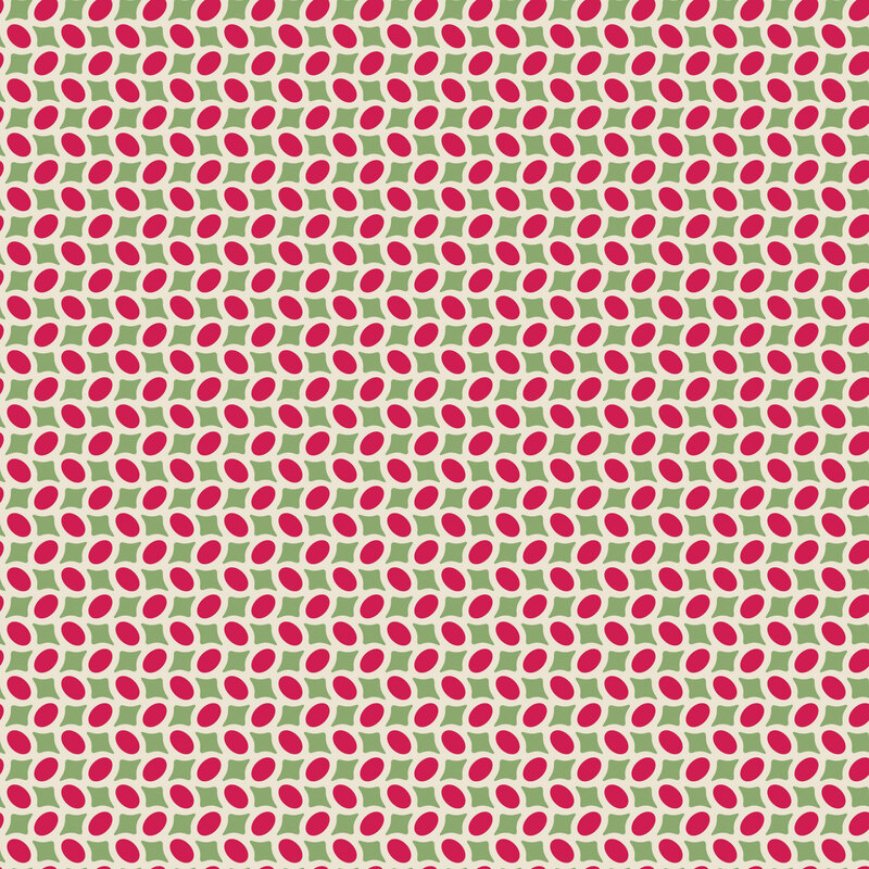 Soft green fabric with an abstract grid of staggered red and cream circles.