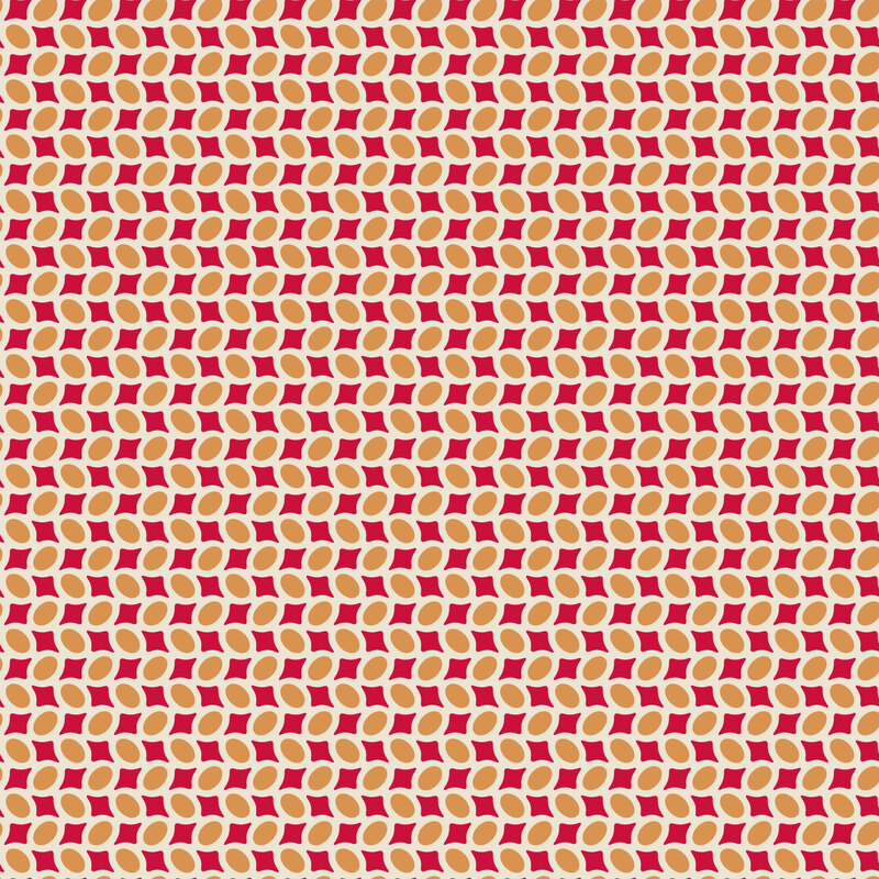 Red-pink fabric with an abstract grid of staggered orange and cream circles.