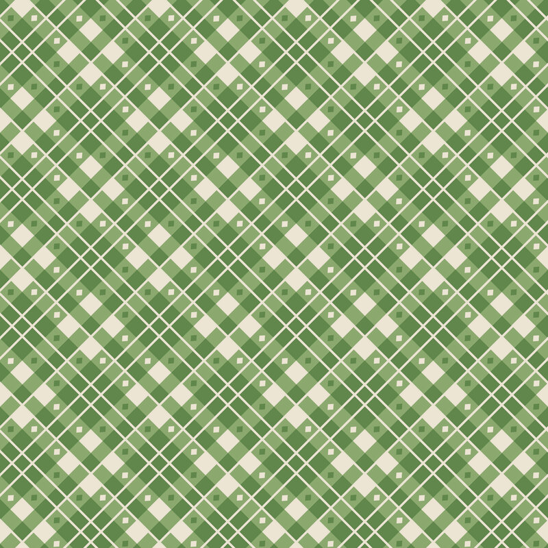 Cream fabric with a green plaid design accented with geometric diamonds.