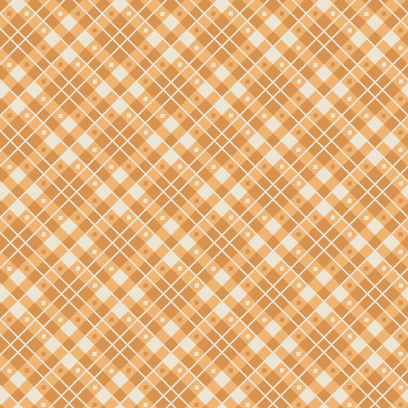 Cream fabric with an ocher-orange plaid design accented with geometric diamonds.
