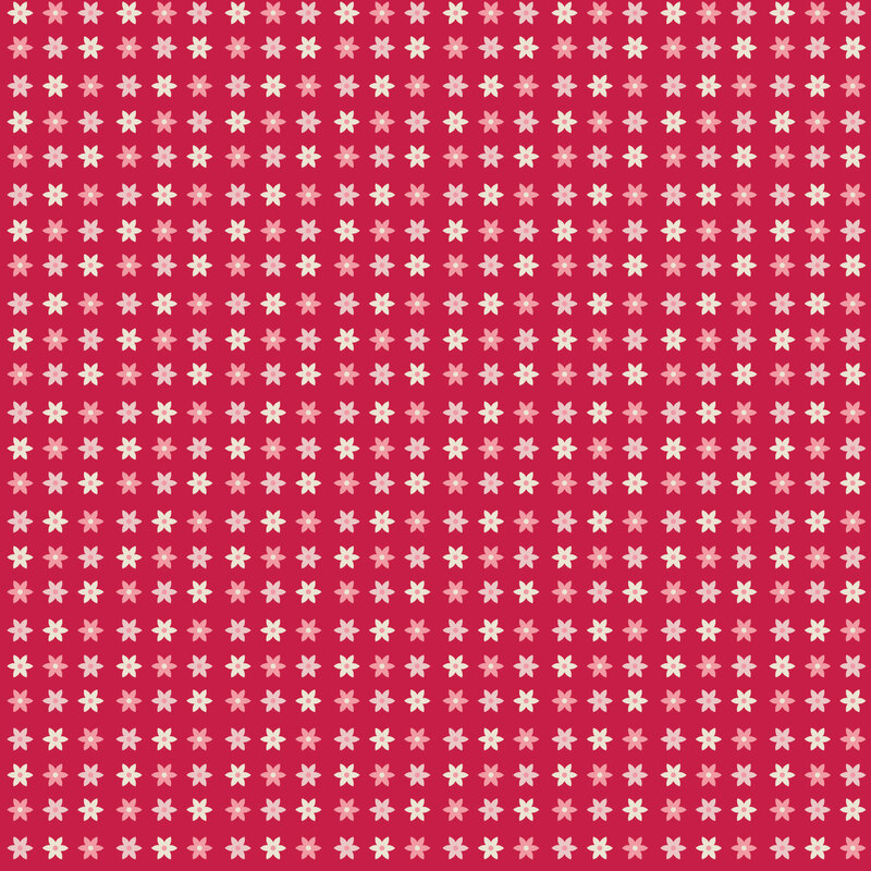 Jazzberry red fabric with a grid of multicolor floral stars.