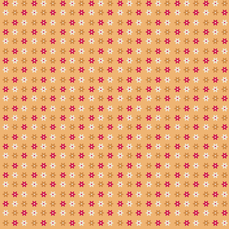 Pale orange fabric with a grid of multicolor floral stars.