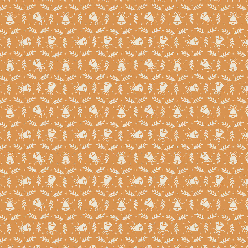 Pcher-orange fabric with a half-drop pattern of white bells surrounded by leaves and circles.
