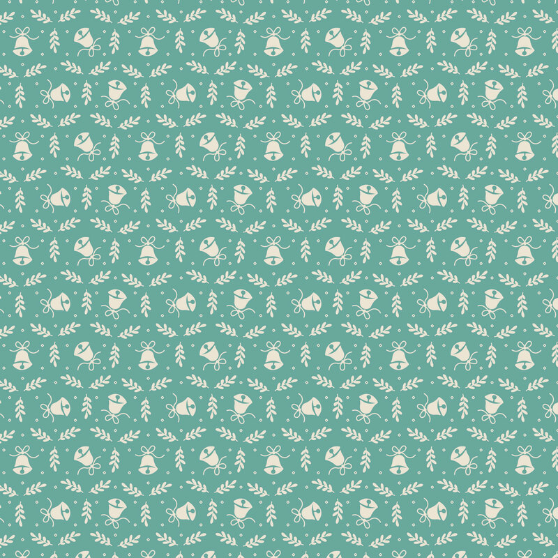 Teal fabric with a half-drop pattern of white bells surrounded by leaves and circles.