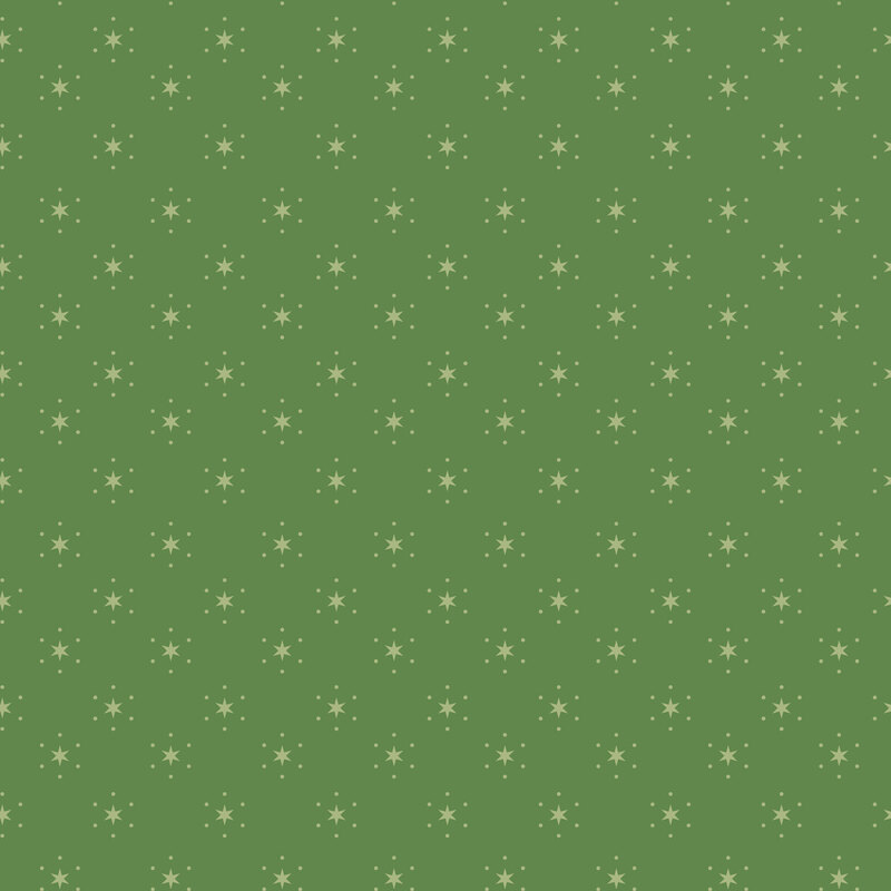 Clover green fabric with a scattered grid of sage green stars surrounded by small dots.