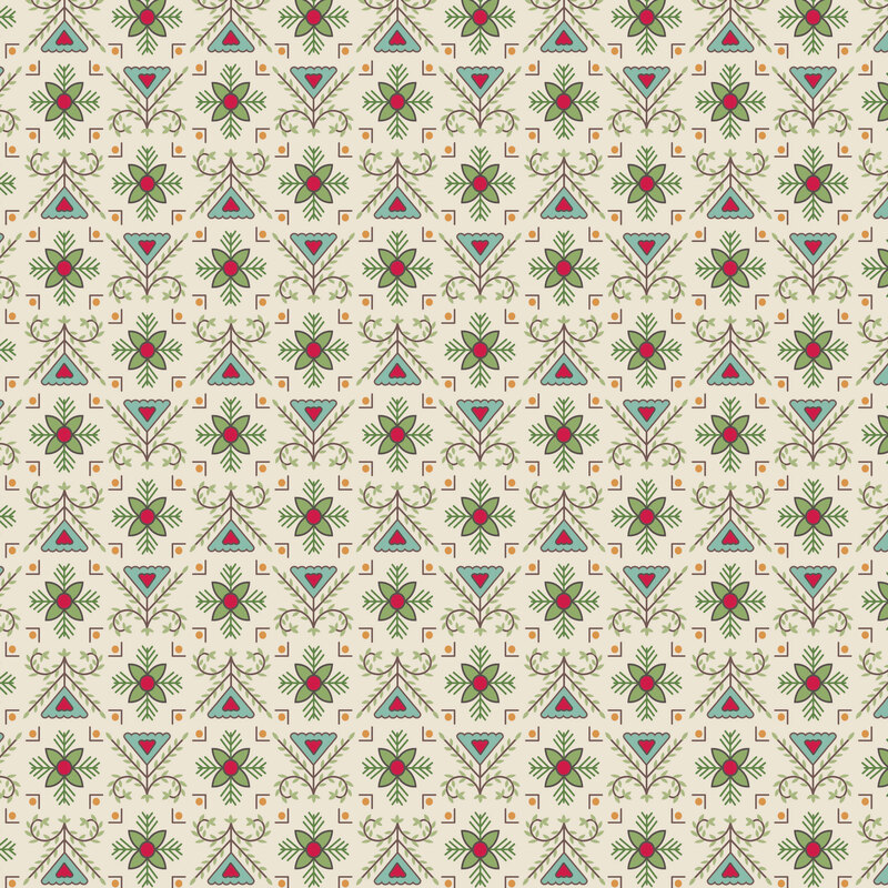 Cream fabric with a zigzag pattern of leaves and vines decorated with geometrics.