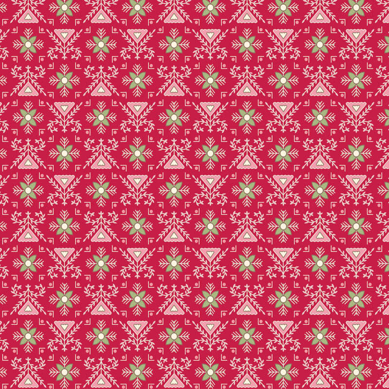 Jazzberry fabric with an intricate zigzag pattern of leaves and vines decorated with pink and green geometrics.