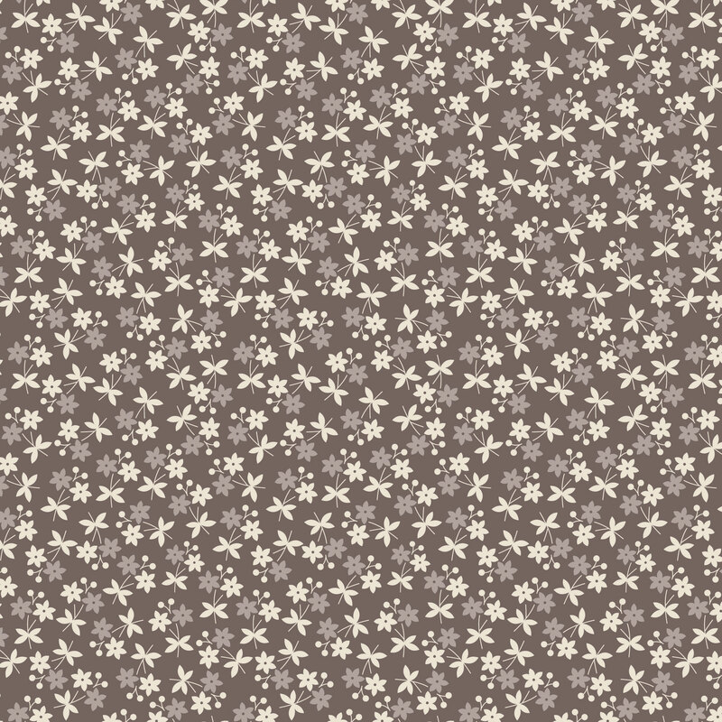 Graphite gray fabric with a tossed pattern of medium gray and white floral sprigs.