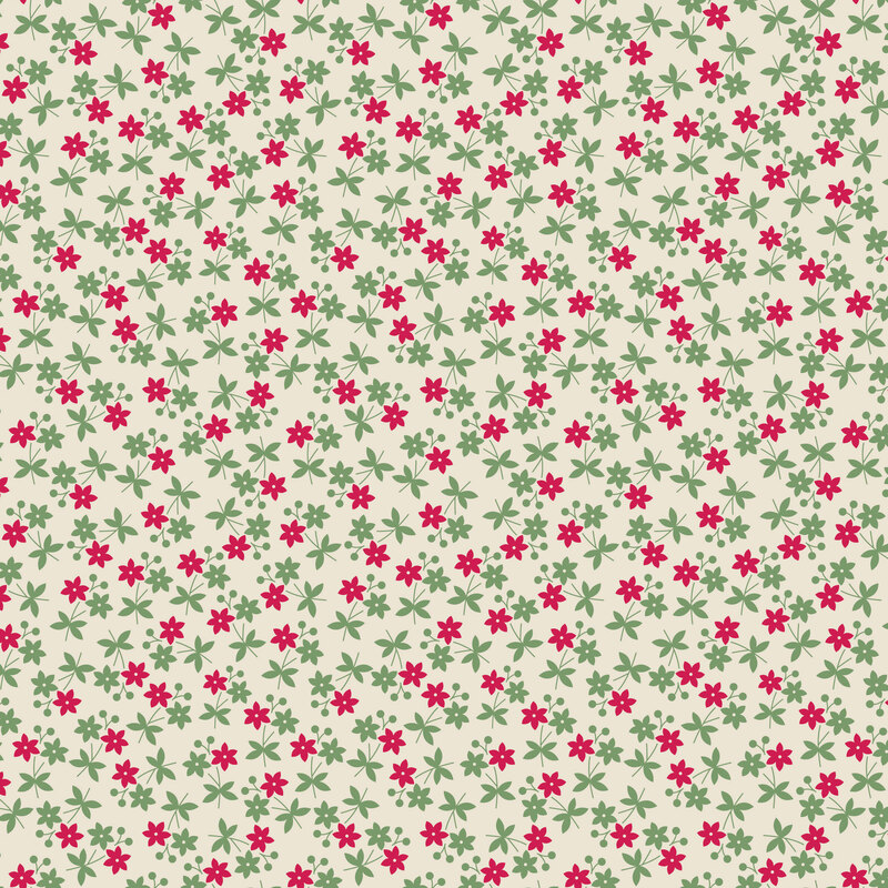 Cream fabric with a tossed pattern of Christmas green and red floral sprigs.