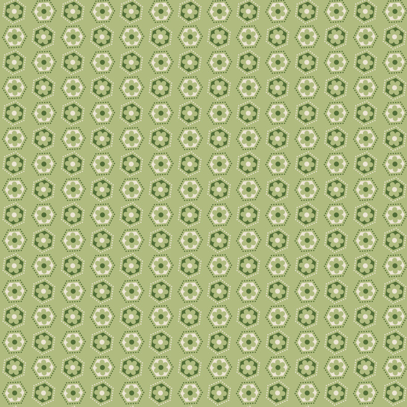 Soft pear green fabric with a grid of hexagons with small florals inside, surrounded by small dots.