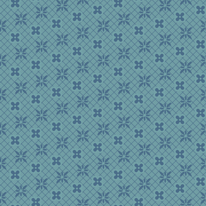 Rich teal fabric with a small dotted grid topped with lagoon blue florals.