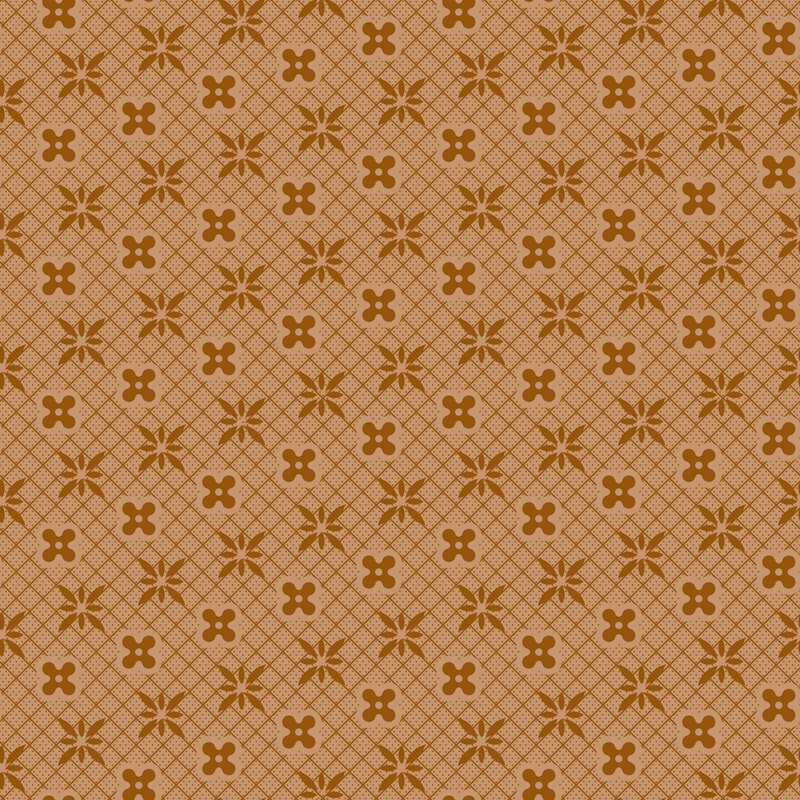 Tonal peanut brown fabric with a small dotted grid topped with cocoa brown florals.