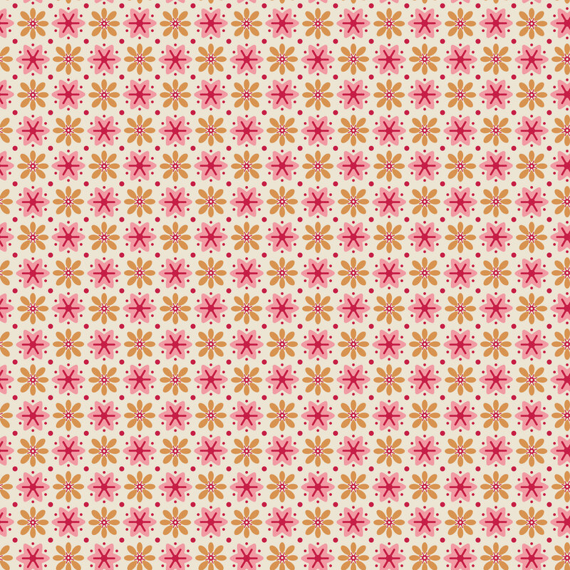 Cream fabric with a grid of pink and ocher-orange florals accented with red dots.