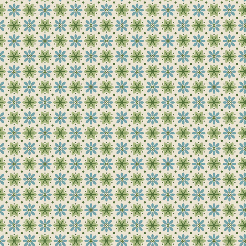 Cream fabric with a grid of green and teal abstract florals accented with forest green dots.