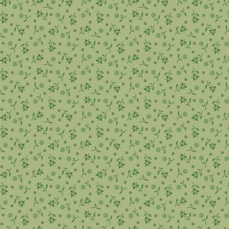 Soft pear fabric with a tossed design of floral and berry sprigs with dark green primitive accents.