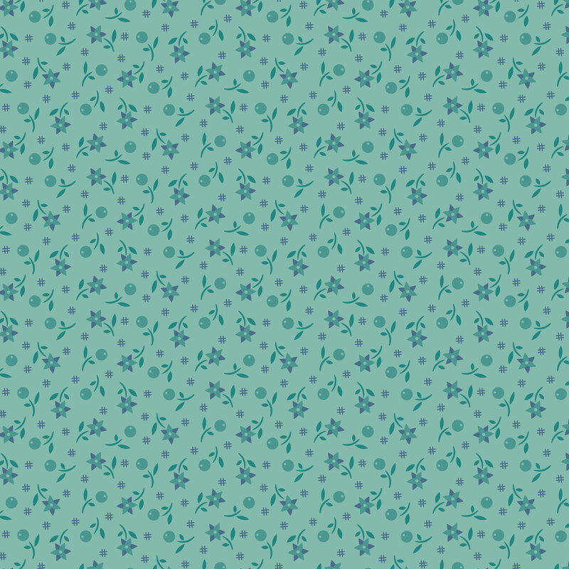 Teal fabric with a tossed design of floral and berry sprigs with lagoon blue primitive accents.