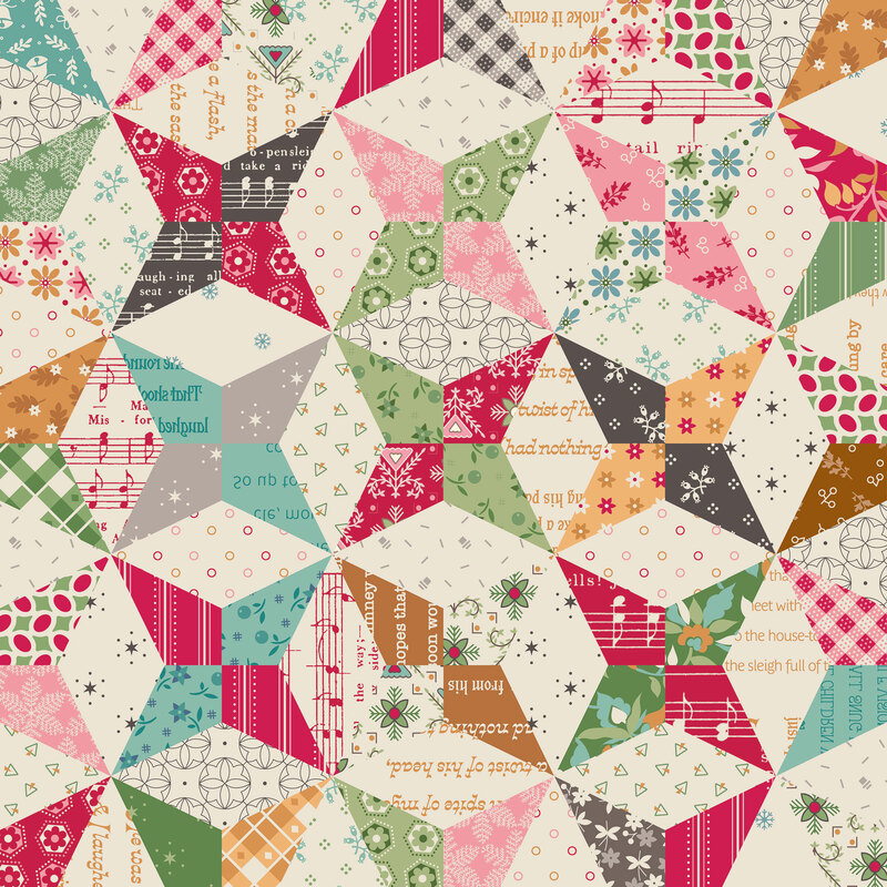 Cream cheater fabric with a pieced quilting block design of festive motifs and primitive designs.