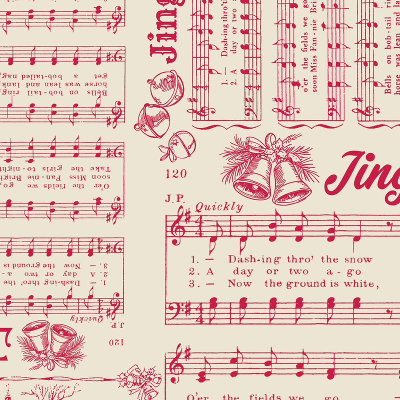Cream fabric with a scattered design of the Jingle Bells song in a red color and bordered by holly vines.