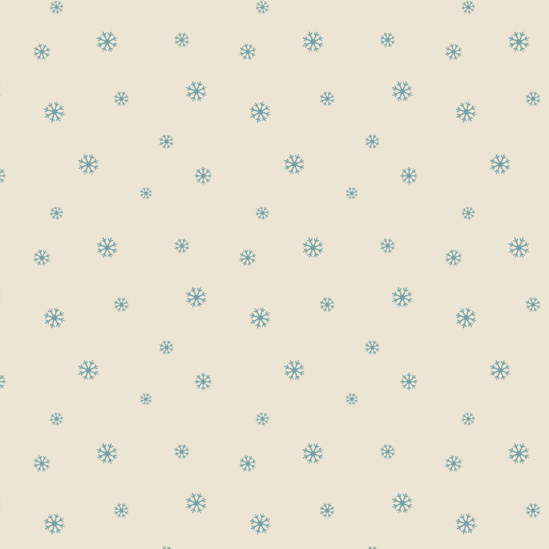 Cream fabric features a scattered design of teal blue snowflakes.
