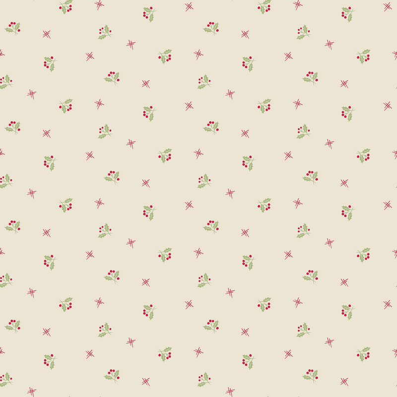 Cream fabric with a tossed pattern of primitive marks and holly sprigs.