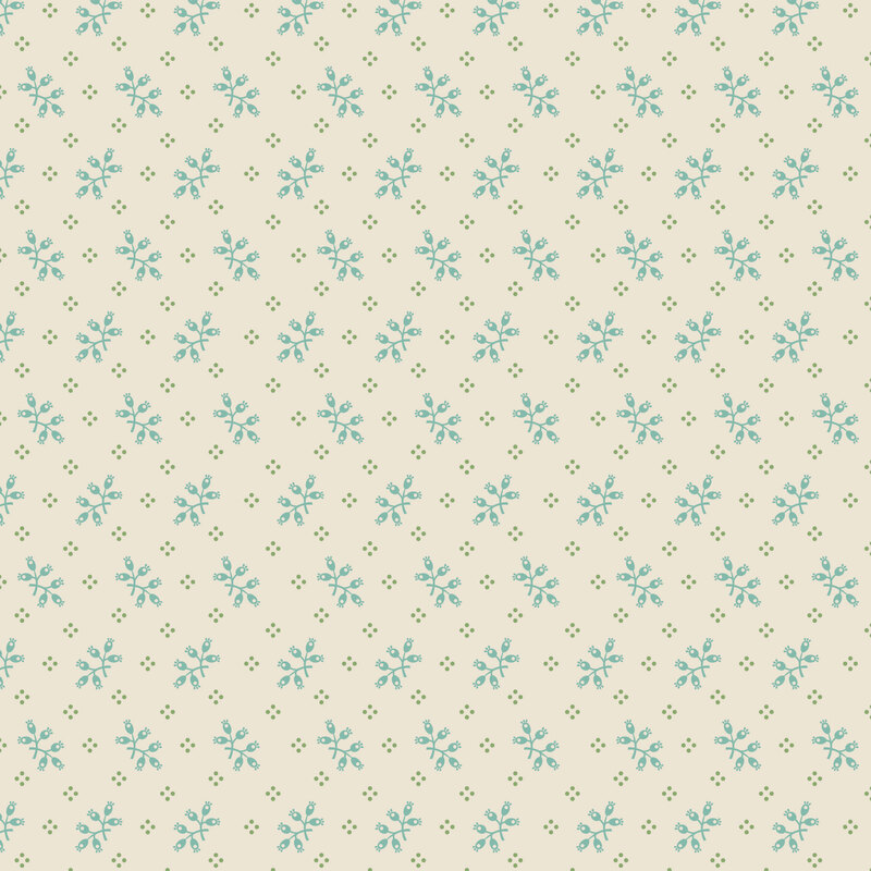 Cream fabric with a scattered pattern of teal and green botanical sprigs and dots.