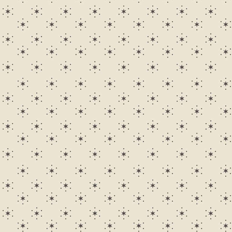 Cream fabric with a grid of primitive graphite gray stars surrounded by groups of dots.