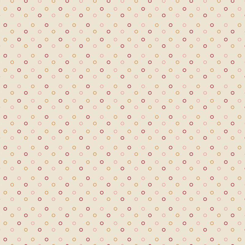 Cream fabric with a spaced grid of orange, red, and pink circles.
