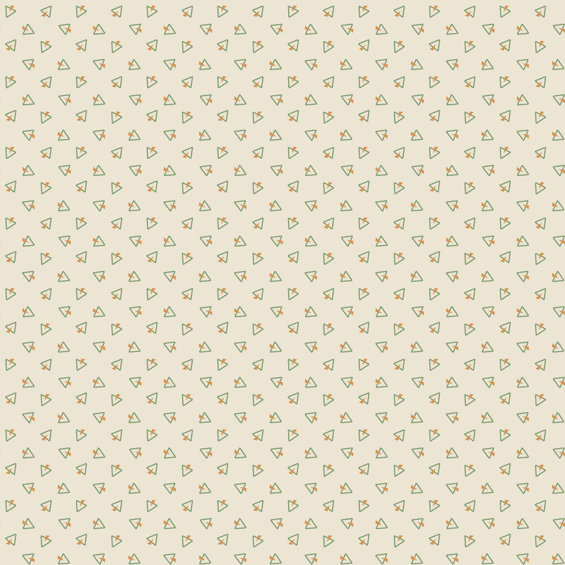 Cream fabric with a tossed pattern of primitive green triangles and geometrics.
