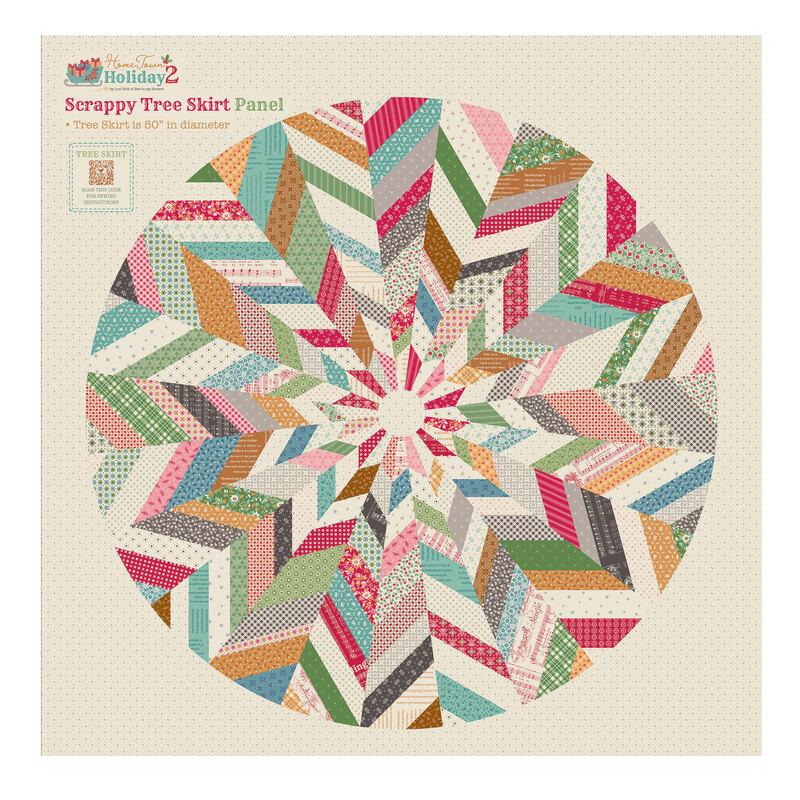 Cream tree skirt panel fabric with a cheater-style pieced design of primitive, festive, and floral motifs.