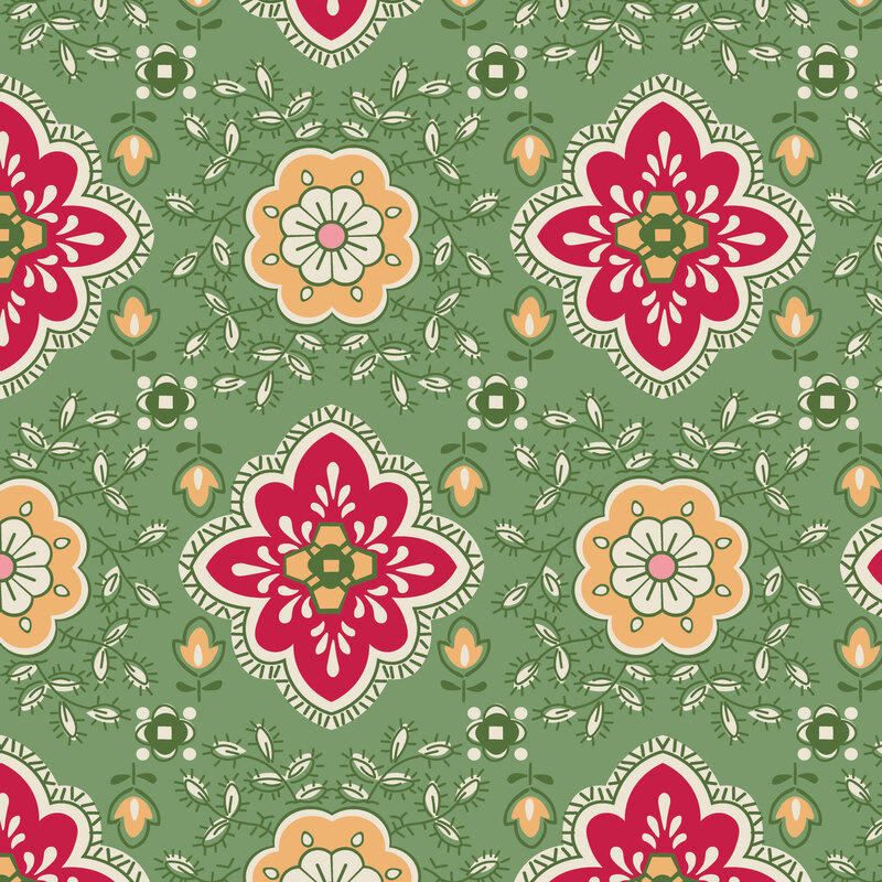Wild thyme green fabric with an intricate design of blooming florals and leaves.