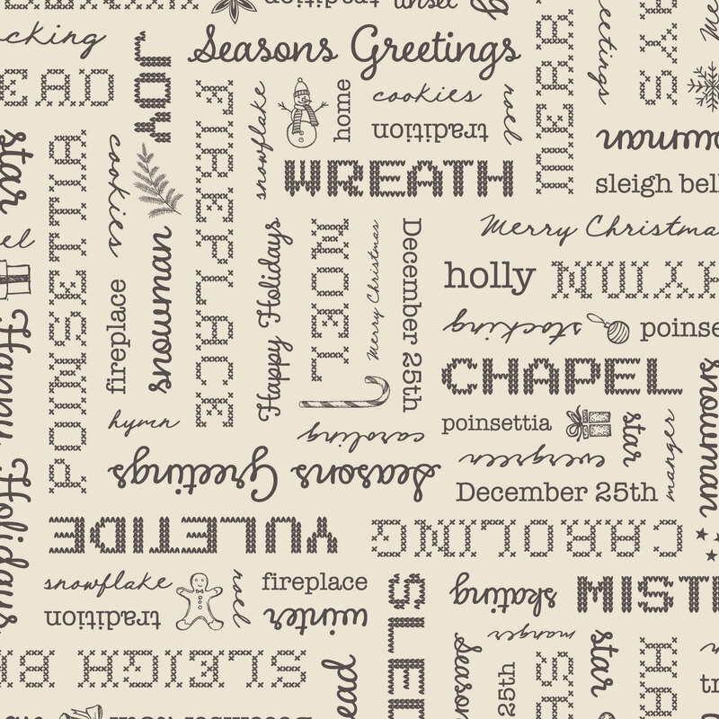 Cream fabric with a large medley of gray phrases in different stylized typefaces.