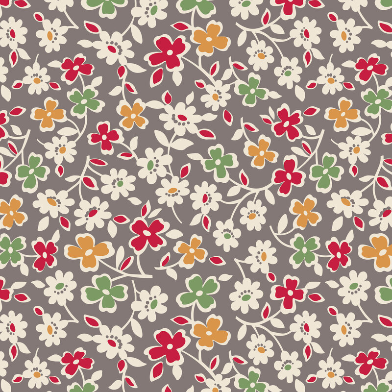 Gray fabric with a small leafy florals in white, red, green, and orange.
