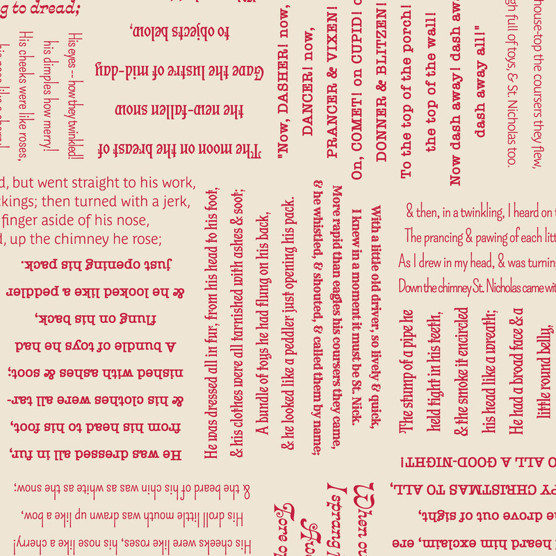 Cream fabric with a medley of red Christmas carols and verse excerpts in different typefaces.