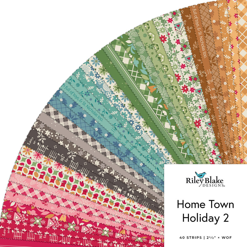 Digital fanned collage of the 2.5" Strip Roll Bundle from the Home Town Holiday 2 fabric collection.
